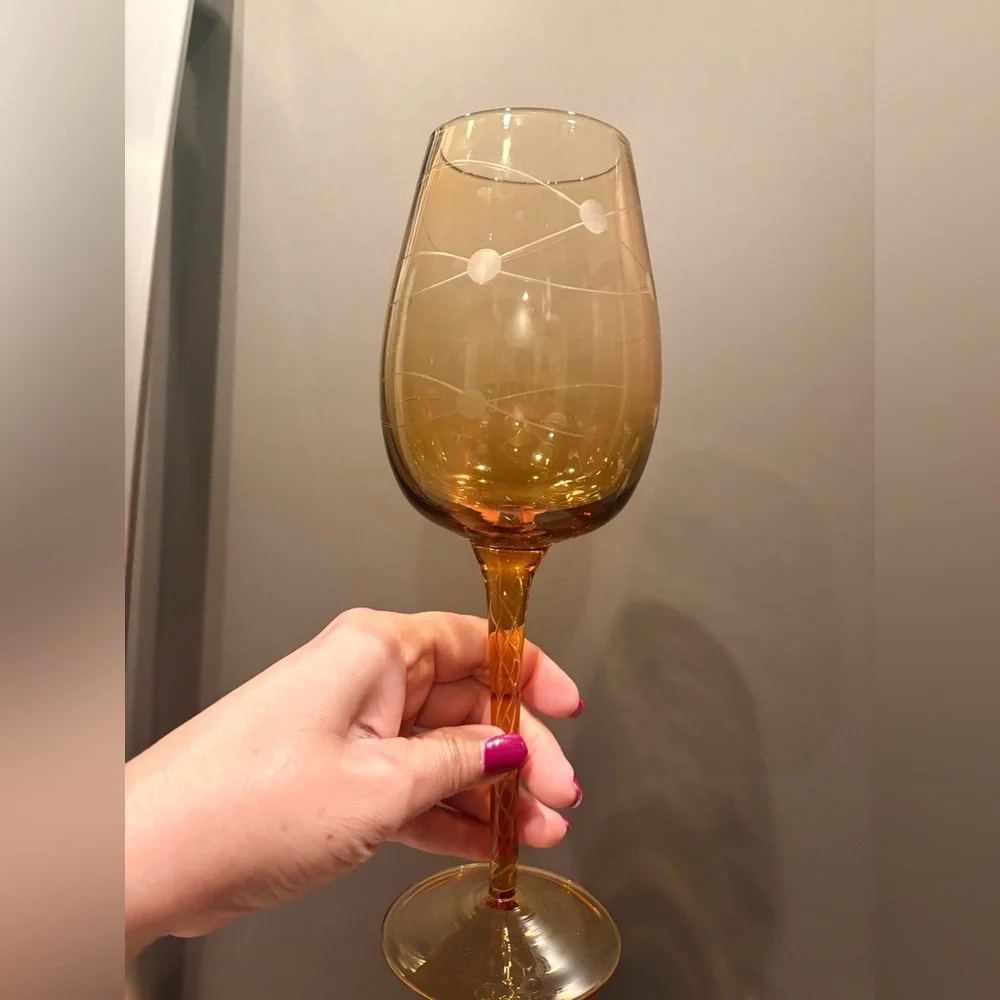 Vintage MCM Eisch Pirouette Amber Glasses, Air Twist Space Age Orbital Pattern 4